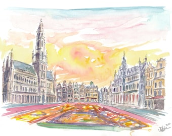 Grand Place Brussels Belgium with Flower Carpet - Limited Edition Fine Art Print - Original Painting available