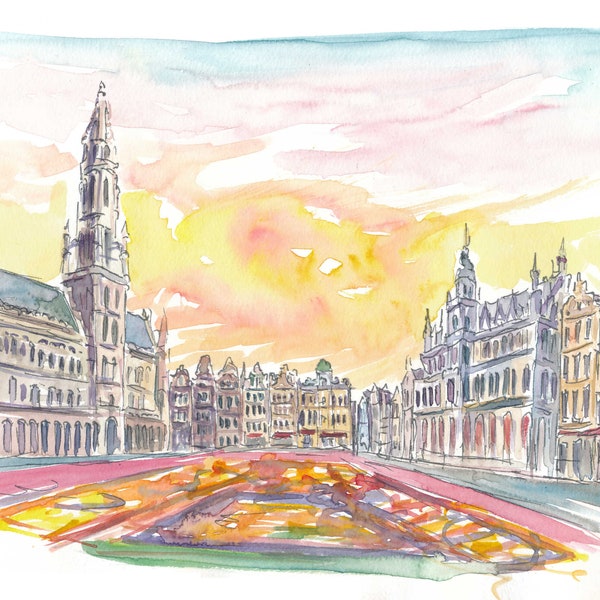 Grand Place Brussels Belgium with Flower Carpet - Limited Edition Fine Art Print - Original Painting available