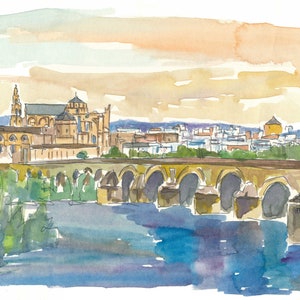 Cordoba Bridge and Mezquita in Andalusia Spain - Limited Edition Fine Art Print - Original Painting available