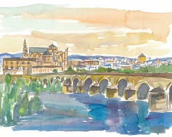 Cordoba Bridge and Mezquita in Andalusia Spain - Limited Edition Fine Art Print - Original Painting available