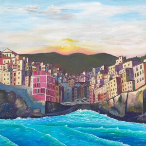 Waves and Surf Crashing on Shore in Riomaggiore Cinque Terre - Limited Edition Fine Art Print - Original Painting available