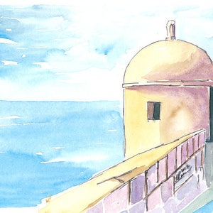 May include: A watercolor painting of a small, yellow building with a domed roof. The building is located on a stone wall overlooking a blue body of water. The sky is a light blue with white clouds.