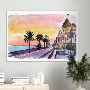 Niza Francia Vista Mar Boulevard al Atardecer - Impresión de Bellas Artes de Edición Limitada - Pintura Original Disponible