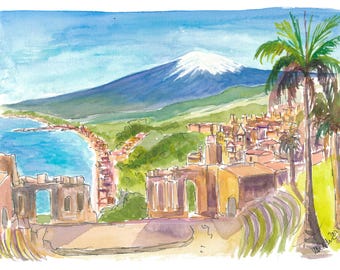 Taormina & Mount Etna Art Print: Limited Edition Giclee Paper or Canvas