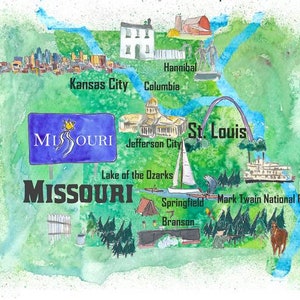 USA Missouri State Illustrated Travel Poster Carte avec les points forts touristiques