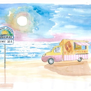 May include: A watercolour painting of a food truck parked on a beach with a sign that reads "Florida Scenic Highway Scenic 30 A". The truck is yellow and pink with a white awning. The sky is blue with white clouds and a bright sun.