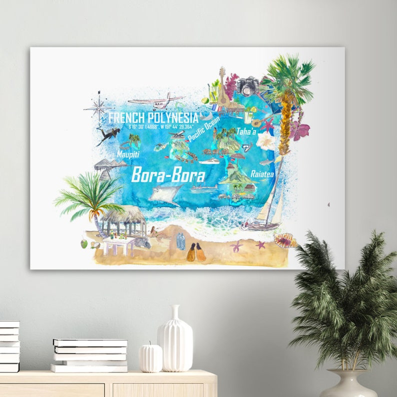 Bora Bora Islands French Polynesia Illustrated Travel Map with Touristic Highlights Fine Art Print image 7