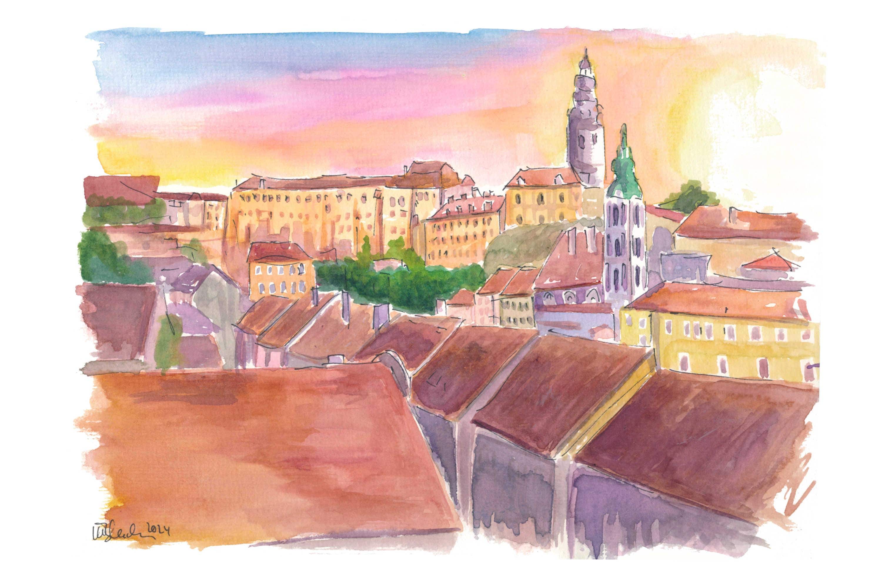 風景画　水彩画　チェスキー・クロムロフ(チェコ)の町並を望む 風景画 水彩画 チェスキー・クロムロフ(チェコ)の町並を望む 風景画