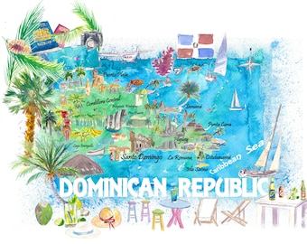 Dominican Republic Illustrated Travel Map with  Roads and Highlights