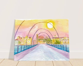 Willemstad Curacao Queen Emma Bridge View with Sun - Limited Edition Fine Art Print - Original Painting available