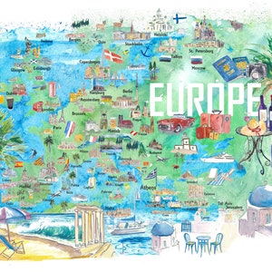 Europa illustrierte Reisekarte mit touristischen Highlights und Attraktionen