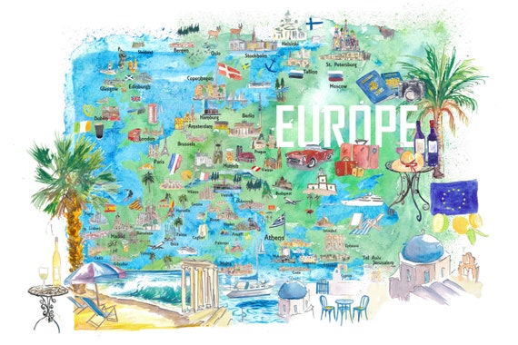 Carte de voyage illustrée de l'Europe avec les points forts et les  attractions touristiques -  France