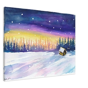 Gemütliche Hütte unter einem Sternenhimmel in der Abenddämmerung - Limitierter Fine Art Druck - Originalgemälde erhältlich