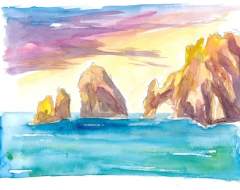 Cabo San Lucas Romantic Sunset with Rocks - Limited Edition Fine Art Print - Original Painting available