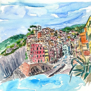 Riomaggiore Cinque Terre View from Mediterranean III - Limited Edition Fine Art Print - Original Painting available