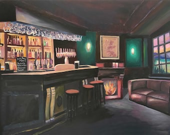 May include: A painting of a pub interior with a bar, stools, a fireplace, and a couch. The bar has a sign that says "Bar Menu" and lists drinks like "Dark Ale" and "Homemade Burger". The fireplace has a fire burning in it. The couch is brown leather and is facing a window with a view of a sunset over a lake.