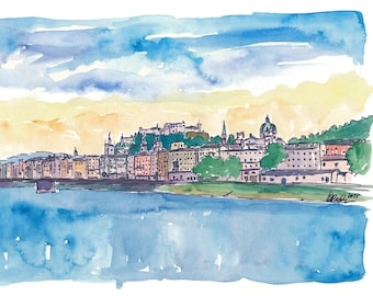 Salzburg Austria River Old Town And Castle - Limited Edition Fine Art Print - Original Painting available