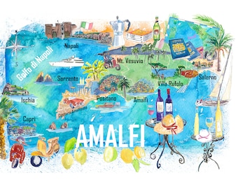 Amalfi Coast Map Wall Art – Italy Mediterranean Travel Print Luxury Coastal Decor