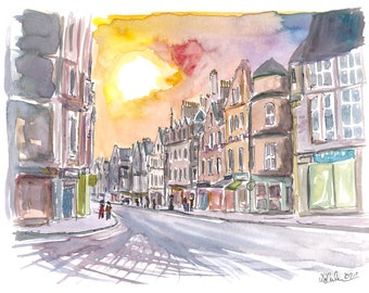 Scottish Sunset in Cockburn Street Edinburgh - Limited Edition Fine Art Print - Original Painting available