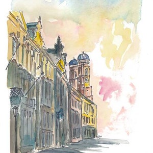 München Bavaria Golden Sunset Street Szene Mit Frauenkirche - Original Gemälde & Kunstdruck