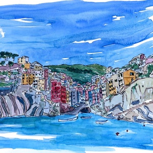 Riomaggiore Cinque Terre View from Mediterranean - Limited Edition Fine Art Print - Original Painting available