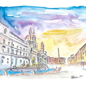 Romantic Piazza Navona in Rome Italy - Limited Edition Fine Art Print - Original Painting available