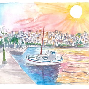 Sitia Mediterranean Harbour Scene in Crete Greece - Limited Edition Fine Art Print - Original Painting available