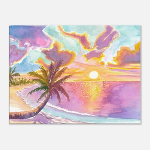 Orillas paradisíacas de Rangiroa, Tuamotu, Polinesia Francesa, con palmeras ondulantes - Impresión artística de edición limitada - Pintura original disponible