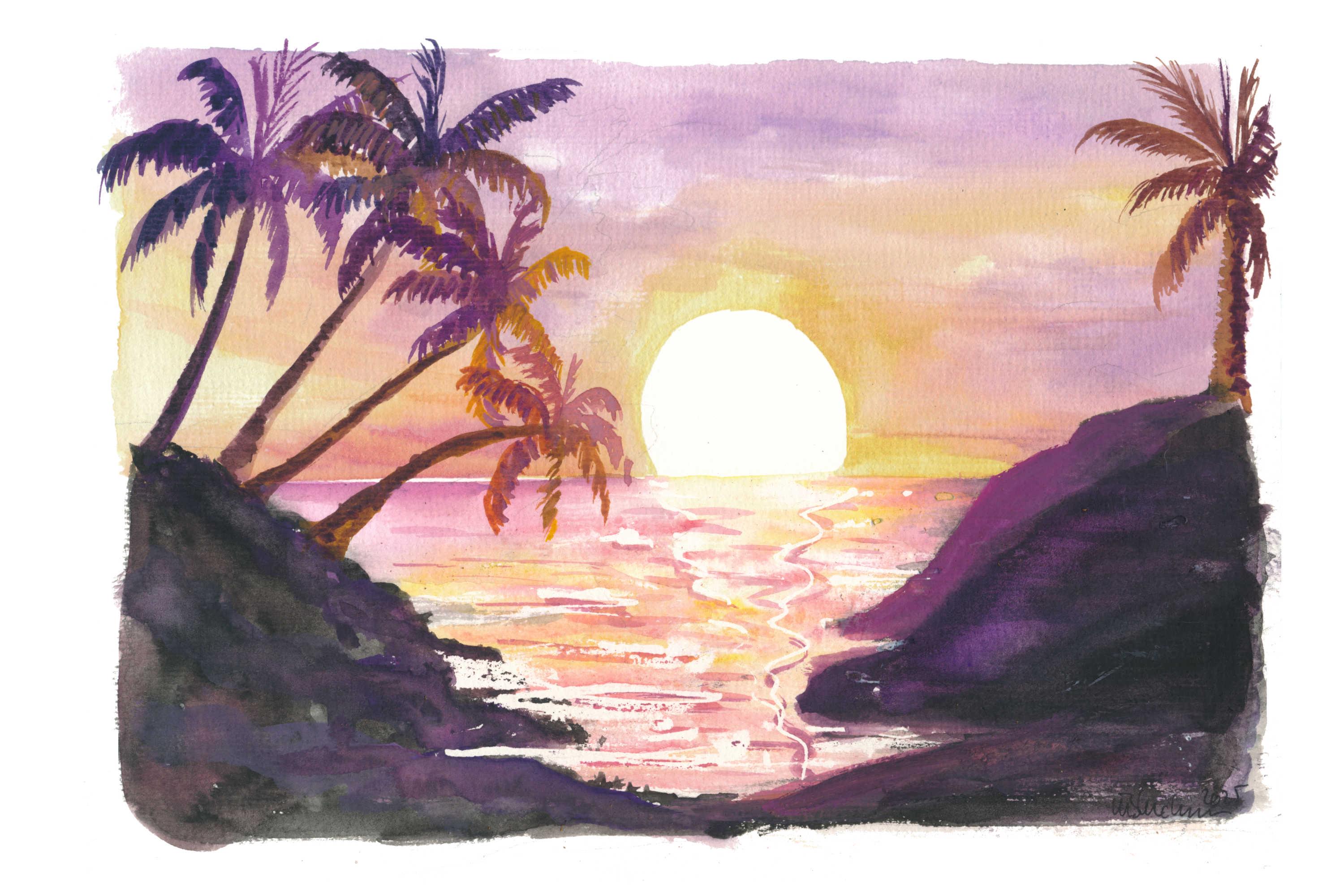 バリ島の夕日を描いたヤシの木のアートプリント：黄金の静寂、限定版 