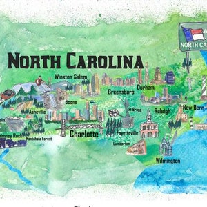 USA North Carolina State Travel Poster Karte mit touristischen Highlights