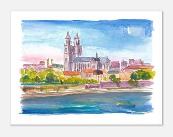 Magdeburg Cathedral Watercolor Print: Elbe River Fine Art, Limited Edition
