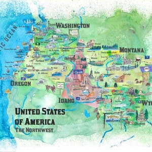 USA Northwest States Illustrated Travel Poster Map - Fine Art Print