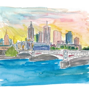 Melbourne Australia Skyline with Yarra River At Sunset - Limited Edition Fine Art Print - Original Painting available