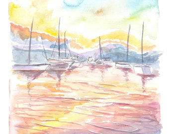 Dreamy Yacht Harbour with Sunset and Light on Water - Limited Edition Fine Art Print - Original Painting available