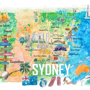 Sydney Australia Mapa ilustrado con carreteras principales Puntos de referencia y destacados