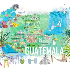 Guatemala Illustrierte Reisekarte mit Straßen und Highlights