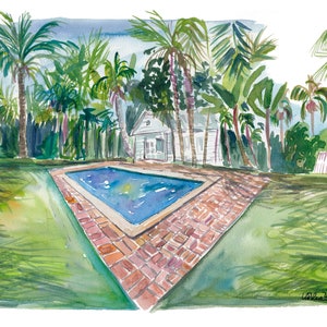 Könnte beinhalten: Ein Aquarellbild eines weißen Hauses mit einem Swimmingpool davor. Das Haus ist von Palmen und üppigem Grün umgeben. Der Pool ist von einer Terrasse aus Ziegeln umgeben.