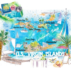 Mapa de viagem ilustrado das Ilhas Virgens Americanas com estradas e destaques