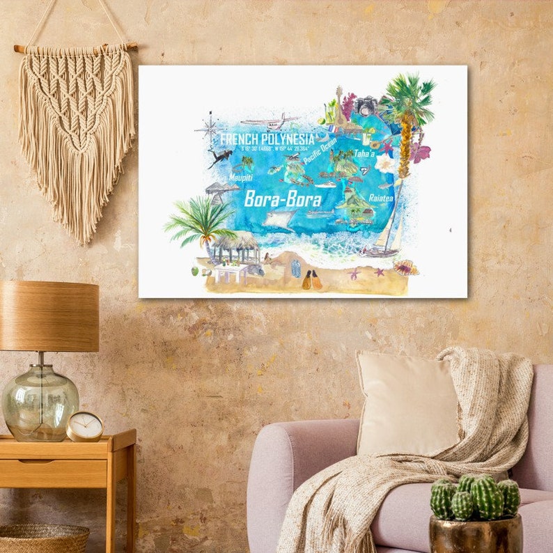 Bora Bora Islands French Polynesia Illustrated Travel Map with Touristic Highlights Fine Art Print image 6