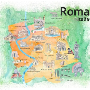 Roma Italia Cartel de viaje ilustrado Mapa favorito Puntos destacados turísticos
