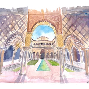 May include: Watercolor painting of a courtyard with a central fountain and a view of the sky through an archway. The courtyard is surrounded by columns and arches, and the walls are decorated with a geometric pattern.