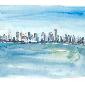 Horizonte de Vancouver, Colúmbia Britânica, Canadá e céu azul - pintura original e impressão artística