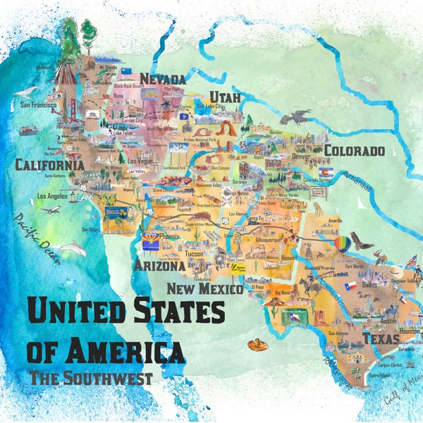 USA Southwest States Travel Poster Map - Dreaming of Arizona, Utah...- Fine Art Print