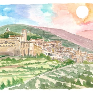 Panorama d'assise en Italie avec la basilique San Francesco - impression d'art en édition limitée - peinture originale disponible