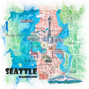 Mapa ilustrado de Seattle Washington con puntos de referencia y puntos destacados de las carreteras principales