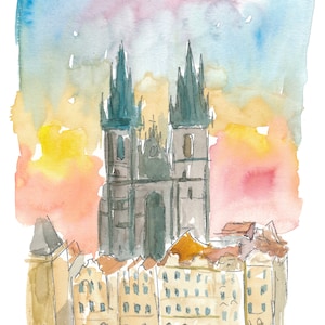 Tyn-kathedraal in Praag, Tsjechië, impressionistische weergave - Limited Edition Fine Art Print - Origineel schilderij beschikbaar