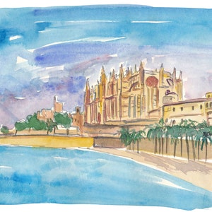 Catedral de Palma de Mallorca al atardecer frente al mar - Impresión artística de edición limitada - Pintura original disponible