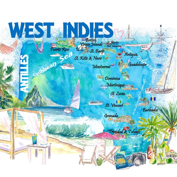 West Indies Illustrated Travel Map with Leeward and Windward Antilles