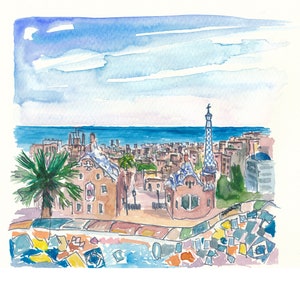 Barcelona Parc Güell Gaudi Dreams And Sea - Limited Edition Fine Art Print - Original Painting available