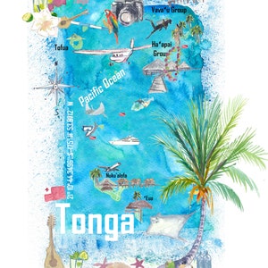 Tonga Polynesien Illustrierte Reisekarte mit touristischen Highlights